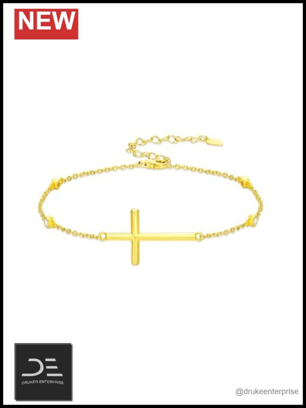 Gold Plated Horizontal Cross Bracelet with Birthstone Link Chain Gift Box
